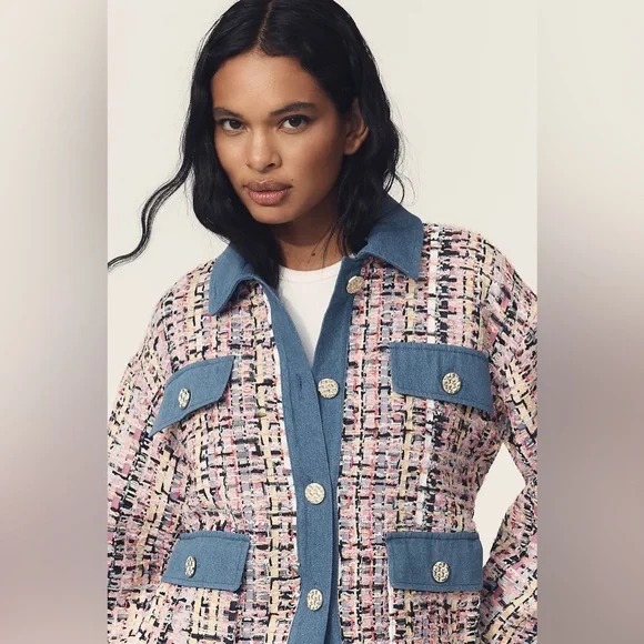 Anthropology Endless Rose Tweed Denim Jacket Size Medium $ 380 - Picture 2 of 6
